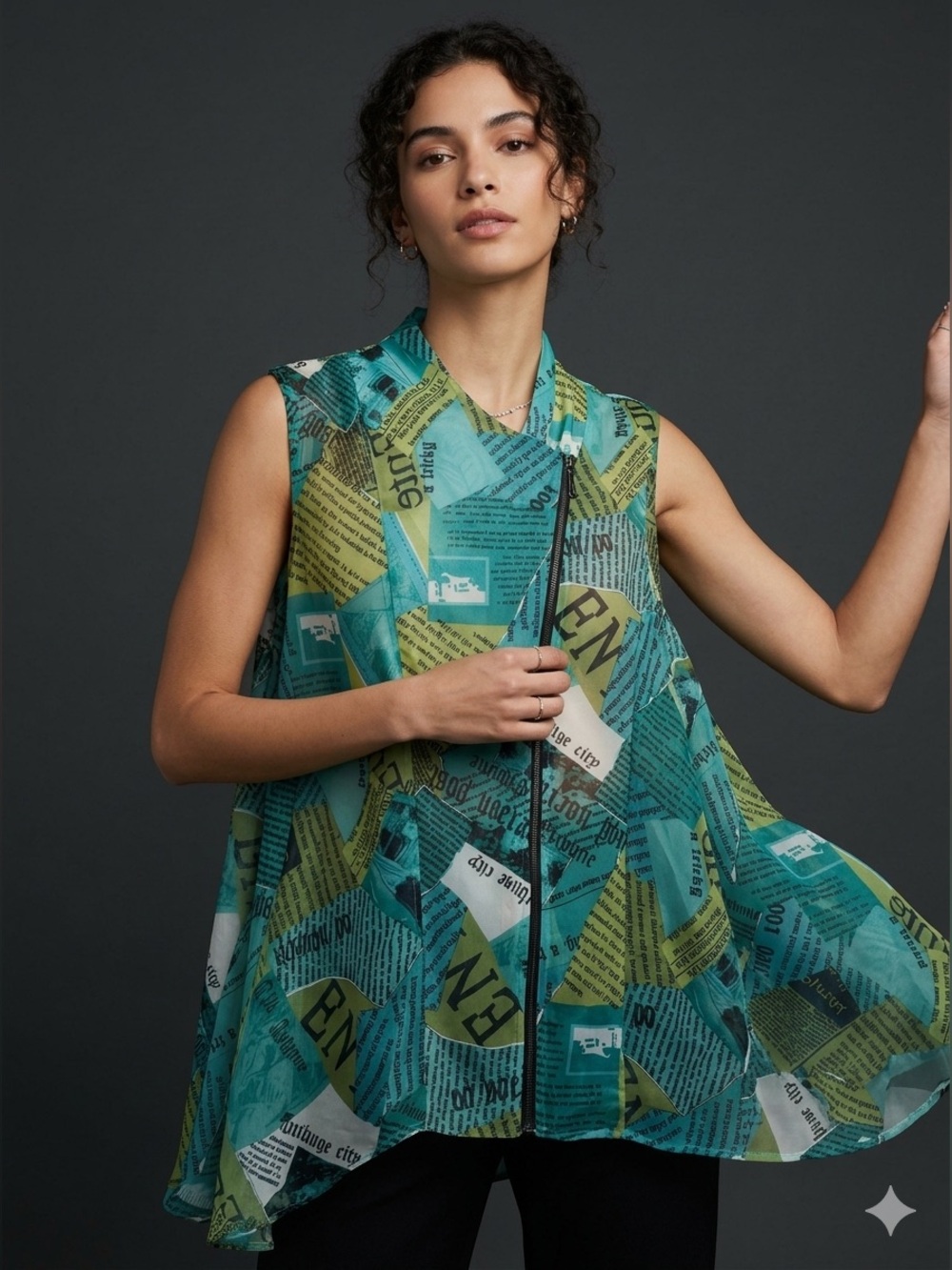 Feratelli Medium Sheer Artsy Newspaper Print Tunic Asymmetrical Zip Top Boho